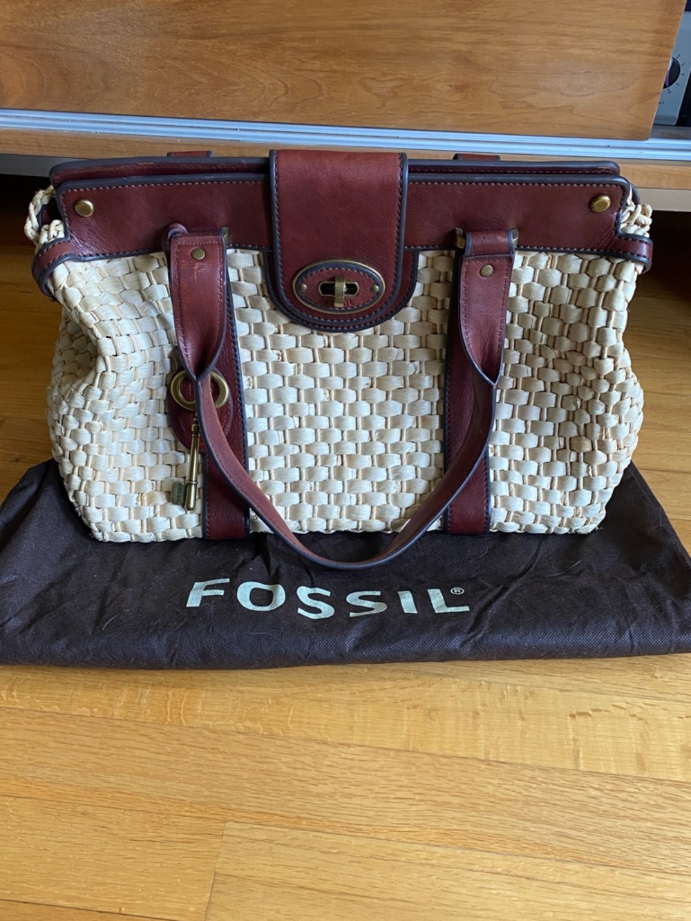 Fossil Woven Tote with Brown Leather Trim